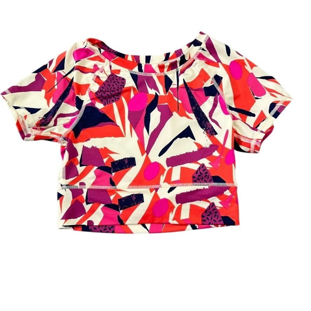J.Dow Fitness Short Sleeve Crop‎ Top Abstract Geometric Print Multi Color